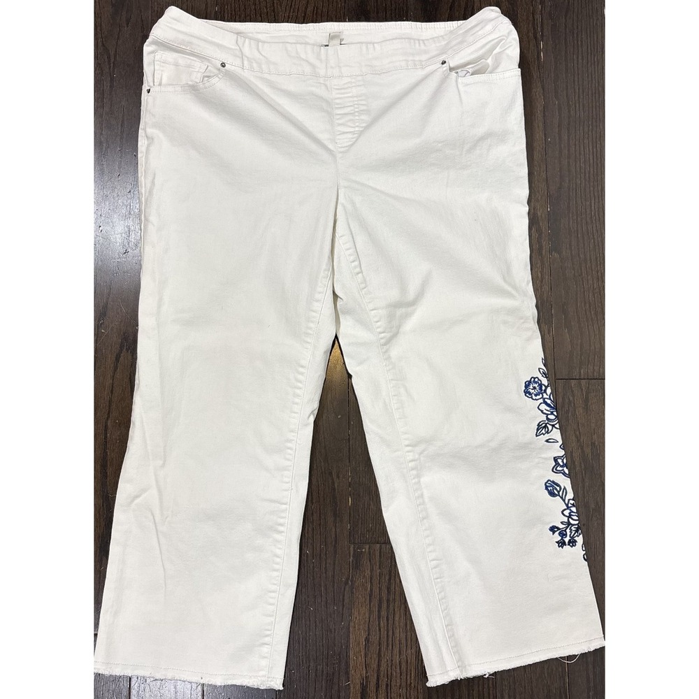 The Pioneer Womens Cropped Jeans White Floral Embroidered Pull On Stretch XL
